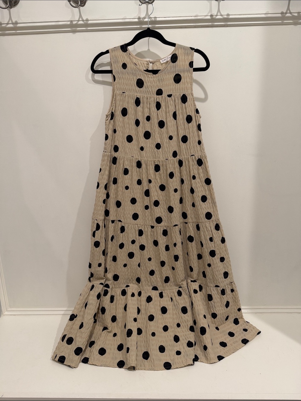 Sleeveless Beige Polka Dot Tiered Casual Dress